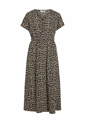 Abito midi a stampa leopardo in tessuto leggero, con maniche corte, scollatura a V e vita elasticizzata per una silhouette aderente.