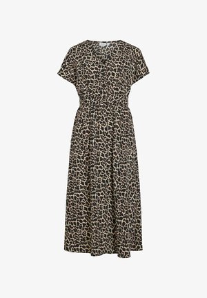 Abito midi a stampa leopardo in tessuto leggero, con maniche corte, scollatura a V e vita elasticizzata per una silhouette aderente.