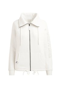Weißer Zip-Hoodie aus weichem Material. Besitzt einen hohen Kragen, einen Kordelzugbund, Fronttaschen und ein bedrucktes Textdetail am Ärmel.