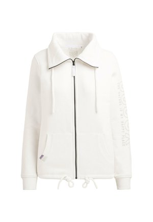 White zip-up hoodie made of soft material. Features a high collar, drawstring hem, front pockets, and a printed text detail on the sleeve.