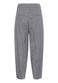 Pantaloni grigi su misura con motivo a quadretti sottili, taglio dritto, tasche posteriori a filetto e vita aderente.