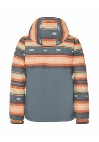 Kleurrijke jas met een capuchon, gestreept patroon in oranje en blauw, en een effen grijze achterkant; elastische manchetten en ingewikkelde accenten.
