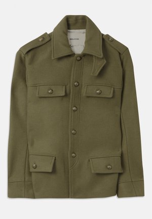 Olive green wool jacket with a collared neck, front button closure, four pockets, and shoulder epaulets. Textured fabric.