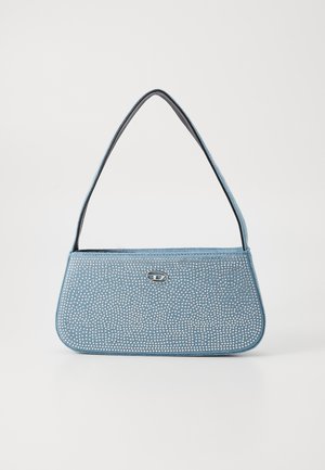 Light blue handbag with a structured, rectangular shape, featuring a textured surface adorned with silver studs and a metallic clasp.