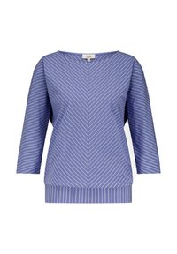 Blauwe gestreepte blouse met een V-hals, heeft horizontale strepen op de mouwen en een geribbelde zoom. Gemaakt van zachte, lichte stof.