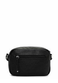 Borsa a tracolla nera in pelle con superficie strutturata, forma rettangolare, tasca frontale con zip e tracolla regolabile.
