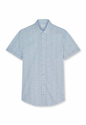 Hellblaues kurzärmeliges Hemd mit kleinen dunkelblauen abstrakten Wirbelmustern und spitzem Kragen.