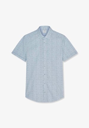 Camicia azzurro chiaro a maniche corte con bottoni, con piccolo motivo astratto a spirale blu scuro e colletto appuntito.
