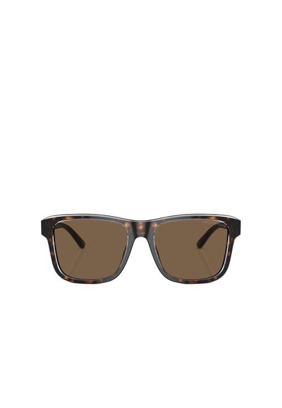 Occhiali da sole tartarugati con lenti rettangolari, lenti color marrone e una montatura liscia. Nessun logo o decorazione visibile.