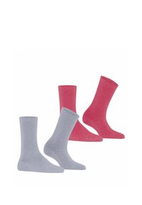 Deux paires de chaussettes : une grise et une rose, toutes deux en tissu texturé et scintillant, de longueur mi-mollet et avec des bords côtelés.