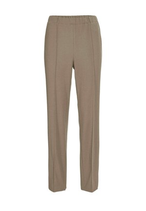 Pantalons marron à taille élastique avec une coupe droite. Présentent des lignes verticales subtiles et une texture lisse, adaptés pour un usage décontracté.