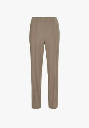 Pantalons marron à taille élastique avec une coupe droite. Présentent des lignes verticales subtiles et une texture lisse, adaptés pour un usage décontracté.