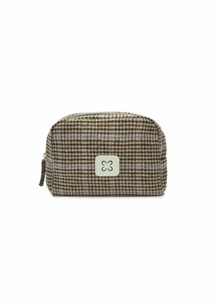 Kleine rechteckige Tasche mit Hahnentrittmuster in Braun, Beige und Blau, mit Reißverschluss und einem kleinen quadratischen Patch mit Kleeblatt-Design.