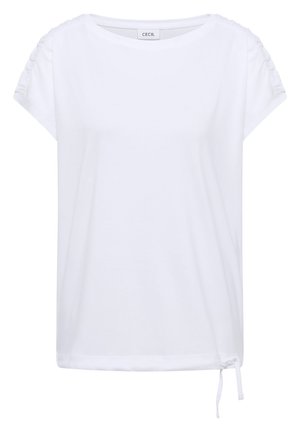 Bílá krátká halenka s krátkým rukávem, s nabránými rameny, kulatým výstřihem a nastavitelným šňůrkovým detailem na pravé spodní straně.