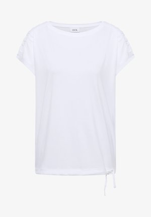 Biała bluzka z krótkim rękawem z marszczonymi ramionami, okrągłym dekoltem i regulowanym sznurkiem po prawej stronie na dole.