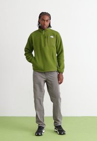 Grønn fleece genser med halv glidelås og lomme, paret med lysegrå bukser og svarte sneakers, stående mot en enkel bakgrunn.
