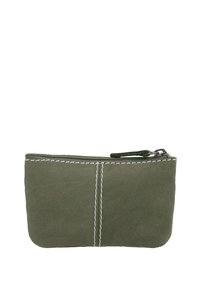 Zeleni kožni zip vrećica s bijelim šavovima, pravokutnog oblika, mekane teksture, s zatvaranjem na zip i malim peteljkom.
