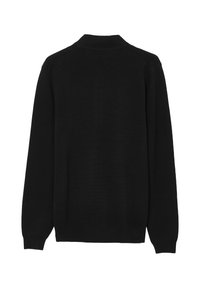 Pull noir à col, avec des poignets et un ourlet côtelés. Fabriqué à partir d'un tissu texturé avec une coupe décontractée et sans logos ni motifs visibles.
