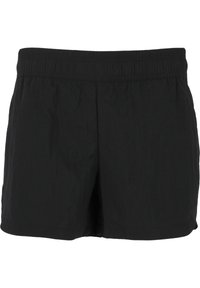 Zwarte shorts van lichtgewicht, gestructureerde stof met een elastische tailleband. Eenvoudig ontwerp, geen zichtbare patronen of accenten.