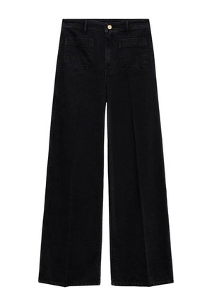 Weite schwarze Jeans aus Denim mit zwei Hintertaschen, einem goldenen Knopfverschluss und einem klaren, schlichten Design ohne Verzierungen.