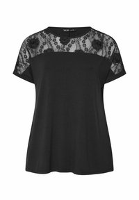 Top nero con pannello in pizzo e dettagli floreali sulle spalle, maniche corte e scollatura rotonda. Tessuto morbido e vestibilità comoda.