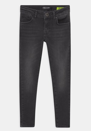 Jeans in denim nero con vestibilità slim, cinque tasche, chiusura con bottoni e dettagli di scoloritura sottili. Realizzati con un tessuto elastico per il massimo comfort.