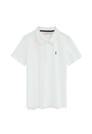 Polo bianca a maniche corte con collo, patta con tre bottoni e piccolo logo nero di golfista sul petto a sinistra.