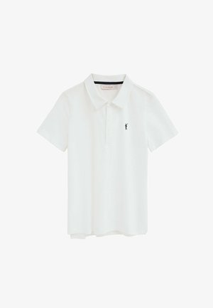 Witte poloshirt met korte mouwen, kraag, drieknopenbies en klein zwart golferlogo op de linkerborst.