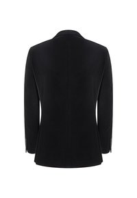 Czarna marynarka męska dopasowana, z długimi rękawami, pojedynczym rozcięciem z tyłu oraz guziczkami przy mankietach, prezentowana z tyłu na białym tle.