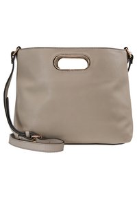 Harmaa nahkainen käsilaukku, jolla on jäsentynyt muoto, yläkahva ja irrotettava olkahihna. Sisältää kultasävytetyn yksityiskohdan ja teksturoidun pinnan.