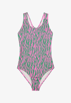 Yhdistelemättömyys uimapuku, jossa on vaaleanpunainen ja vihreä abstrakti raitakuvio, syvä kaula-aukko ja leveät olkaimet, valmistettu venyvästä kankaasta.