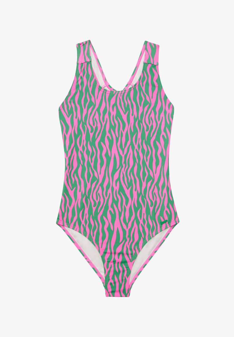 Maillot de bain une pièce avec un motif abstrait à rayures roses et vertes, doté d'un décolleté rond et de larges bretelles, fabriqué en tissu extensible.