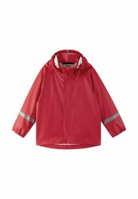Giacca impermeabile rossa con polsini elasticizzati e cappuccio. Presenta strisce riflettenti sulle maniche e chiusura a scatto sul davanti.