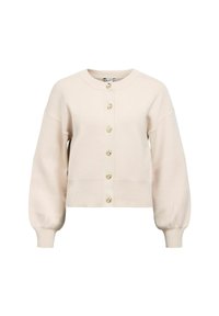 Pullover accorciato beige chiaro con scollatura rotonda, maniche oversize e sei bottoni in tonalità oro sul davanti. Tessuto morbido.