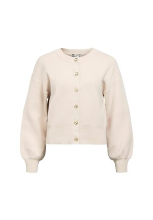 Svetlik bež pulover s kratkimi rokavi, okroglim izrezom in čudovito velikimi rokavi, obrnjenimi šestimi gumbi v zlatem tonu spredaj. Mehka tekstura tkanine.