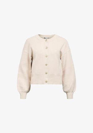 Lichtbeige cropped sweater met een ronde halslijn, oversized mouwen en zes gouden knopen aan de voorkant. Zachte stoftextuur.