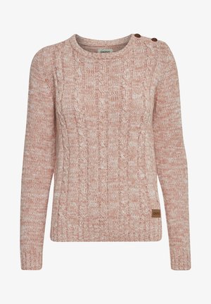 Ribbete strikkegenser i lys rosa med kremfargede detaljer, med rund hals, lange ermene og dekorative brune knapper på skulderen.