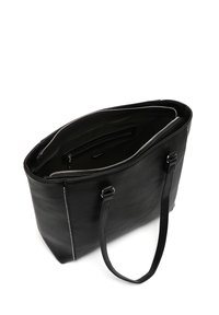 Black tote bag made of leather with a zip closure. Features two shoulder straps and a lined interior with a zip pocket and brand tag.