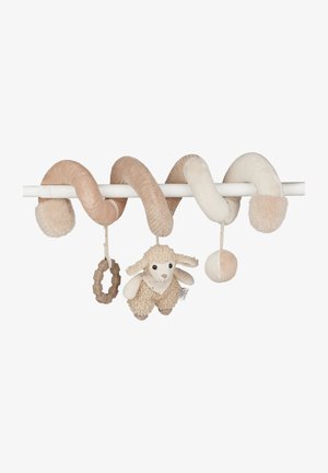 Soft, textured toy spirals in neutral tones with a plush lamb, a soft ball, and a silicone ring for grip, hanging on a white bar.