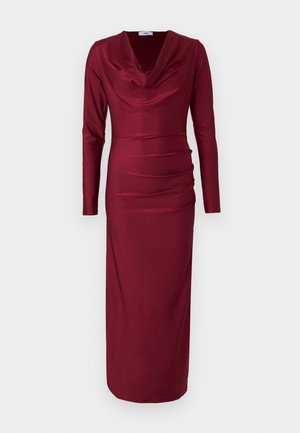 Burgundy long-sleeve dress with a cowl neckline, gathered detailing across the torso, and a form-fitting silhouette. Smooth, stretchy fabric.