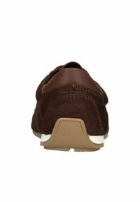 Brown footwear featuring a textured upper, leather accents, and a rubber sole. The design has a rounded heel and contrasting white details.