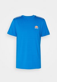 Modré sportovní tričko s horizontálním pruhovaným vzorem, kulatým výstřihem, krátkými rukávy a logem se semicirkulárním designem v oranžové a bílé barvě.