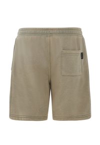 Beige Shorts aus weichem Stoff mit elastischem Bund, ausgestattet mit einer Gesäßtasche und kontrastierenden Nähten.
