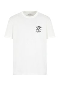 T-shirt bianco in cotone con maniche corte, scollatura a girocollo e un logo grafico nero sulla parte sinistra del petto. Texture liscia.