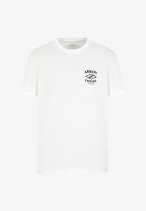 T-shirt bianco in cotone con maniche corte, scollatura a girocollo e un logo grafico nero sulla parte sinistra del petto. Texture liscia.