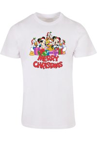 Hvit bomulls T-skjorte med tegneseriefigurer iført julestråhatt og gaver, med teksten "GOD JUL" i fete røde bokstaver.