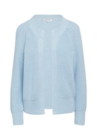 Hellblauer, gestrickter Cardigan mit rundem Hals, zwei Vorder-Taschen und gerippten Bündchen. Verfügt über ein strukturiertes Muster auf der gesamten Fläche.