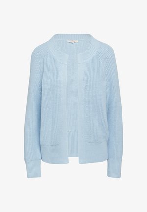 Cardigan tricoté bleu clair avec un col rond, deux poches avant et des poignets côtelés. Présente un motif texturé sur l'ensemble.