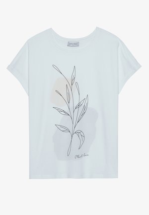 T-shirt bianco a maniche corte con un design di contorni di foglie in nero e forme astratte in beige chiaro. Testo "Amore per le piante" in basso.