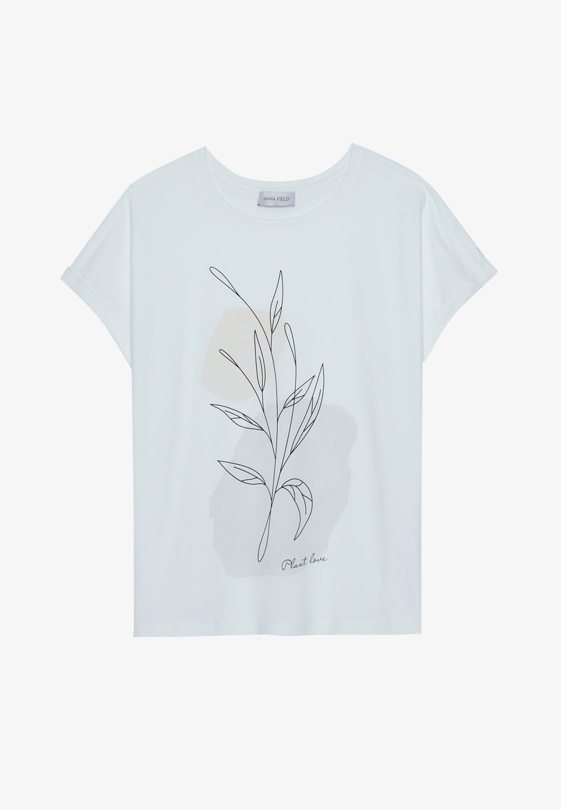 Tricou alb cu mânecă scurtă, cu un design de contur de frunză în negru și forme abstracte în bej deschis. Textul "Plant love" în partea de jos.